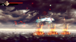 A character rides a glowing white fox-like dragon soaring above a fiery battlefield under dark stormy skies, mid-air attack scene.
