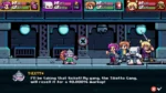 SPEX_Screenshot_Gameplay_05_PS - Video Game Depot Pixel-art side-scrolling RPG scene: four heroes confront a ninja-like foe in a neon dungeon; dialogue shows Tiketto boasting about reselling a ticket at 40,000% markup.