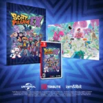 Scott Pilgrim EX game bundle displayed with two art posters on a blue geometric background, plus a Nintendo Switch case in the foreground.