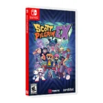 Front cover of Scott Pilgrim EX for Nintendo Switch with colorful characters on a blue background and red spine spine art on the left side.