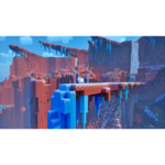 Screen_1__489581781016656 - Video Game Depot Voxel Minecraft landscape with red canyon walls, blue ice pillars, and a suspended red bridge across a deep gorge.