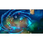 Screen_2__187421781016661 - Video Game Depot Voxel-inspired battle scene with glowing blue rings circling characters as they stand on a grassy blocky arena at dusk/light emanations around them.