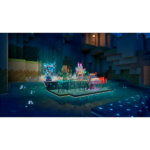 Screen_4__854441781016656 - Video Game Depot Voxel-style group of adventurers on a glowing platform in a dark cavern, water splashing around them and colorful magical effects in the background