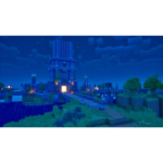 Screen_5__669061781016656 - Video Game Depot Night-time blue-lit Minecraft-style fortress with a tall central tower, rain, and surrounding greenery. Central glowing doorway at the fortress base amid a blue, stormy scene.