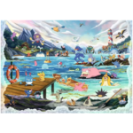 Screenshot_2026-07-29_154243__316861785354431 - Video Game Depot Colorful coastal scene filled with many Pokémon playing in the water near a dock and lighthouse, with mountains in the background.