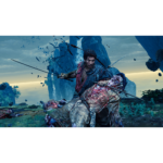 Stealth-Kill__76779 - Video Game Depot A warrior in tattered blue armor battles a large, bloody monster with twin swords amid jagged rocks and a blue sky.