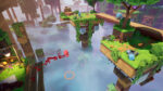 Super_Meat_Boy_3D_PS5-NS2_Screen_01__332121775672396 - Video Game Depot Vibrant 3D platformer level with floating grassy islands, wooden bridges, and a red character leaving a red trail across a misty chasm.