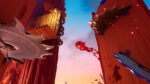 Super_Meat_Boy_3D_PS5-NS2_Screen_02__485421775672396 - Video Game Depot Stylized action game scene: red canyon walls, wooden platforms and spinning blades; a red flying creature with a trailing red spray moves between gaps.
