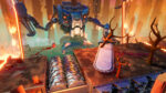 Super_Meat_Boy_3D_PS5-NS2_Screen_04__892161775672396 - Video Game Depot Colossal blue robot with glowing red eyes dominates a fiery, orange-lit arena, swinging a massive blade toward the foreground.