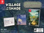 VitS_RP_NSW_ESRB_US_DEGlamshot__459891776272357 - Video Game Depot Promotional image for Village in the Shade Deluxe Edition: Switch game case with soundtrack card and mini art book against a forest backdrop.