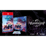 Nintendo Switch game bundle for Wanderstop, with red case, artwork panels, and a promo card on a dark background.