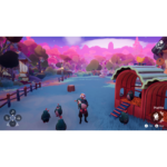 Cartoon-style farm scene: a player character interacts with green hens near a red coop with hay on a vibrant purple-pink landscape.