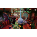 Character climbs a ladder in a colorful workshop, reaching a large glass cauldron connected to tubes.