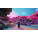 Character from a fantasy game stands on a stone path through a vibrant, colorful forest at sunset, with pink-purple foliage and starry sky