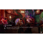In-game dialogue scene: a customer speaks to the player in a colorful, cozy fantasy room with plants and shelves.