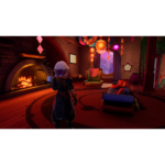 Character with white hair and dark outfit stands in a cozy, warmly lit room watching a glowing fireplace with colorful paper lanterns overhead and a red rug scenario behind him/her.