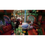 Character in dark clothing climbs a tall ladder beside a giant glass flask in a whimsical workshop.