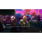 Fantasy game scene: two armored adventurers in a colorful forest; on-screen dialogue reads, 'Then I will absolutely drink tea! As part of my GRAND ADVENTURE!'