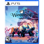 Wanderstop_PS5_T_Front_Cover__616971778789565 - Video Game Depot PS5 game cover for Wanderstop showing two colorful characters on a bench in a whimsical fantasy village, with the game title across the top and a Teen rating