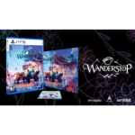 Wanderstop_PS5_T_Glamshot__753141778789564 - Video Game Depot Wanderstop PS5 game box with colorful fantasy scene and matching art panels on a dark background; Wanderstop logo visible on box and cards nearby.