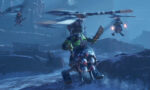 Warhammer_PS5_Screen_01__261711777584812 - Video Game Depot Green orc riding a rocket-powered beast with a large saw-like weapon in a snowy canyon, dodging flying drones in battle.
