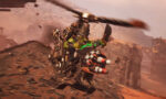 Warhammer_PS5_Screen_02__332691777584812 - Video Game Depot Orc warrior piloting a heavy mechanical bike with a spinning rotor in a desert battlefield ruin setingci, firing rockets and blades in a chaotic combat scene.