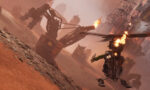Warhammer_PS5_Screen_03__142051777584812 - Video Game Depot Futuristic rider on a weaponized helicopter-like craft fires at a burning desert city with ruined towers in the background.