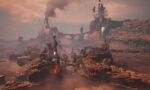 Warhammer_PS5_Screen_04__068581777584812 - Video Game Depot Desert wasteland with a ruined industrial fortress, tall smokestacks, and glowing fires amid red rocks at sunset.