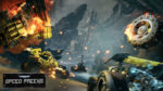 Warhammer_PS5_Screen_06__313401777584828 - Video Game Depot Chaotic, fiery race scene in a ruined canyon with heavily modified armored vehicles battling amid explosions.