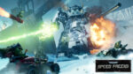 Warhammer_PS5_Screen_08__953831777584831 - Video Game Depot Colossal armored war machine in a snowy battlefield fires a green energy beam at orc vehicles as explosions light the scene, Speed Freeks logo visible.