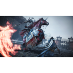 Wo_Long_Complete_Edition_Screenshot_1__026361781708399 - Video Game Depot Warrior on horseback unleashes a fiery whip attack toward aground opponent inside a fortress arena .