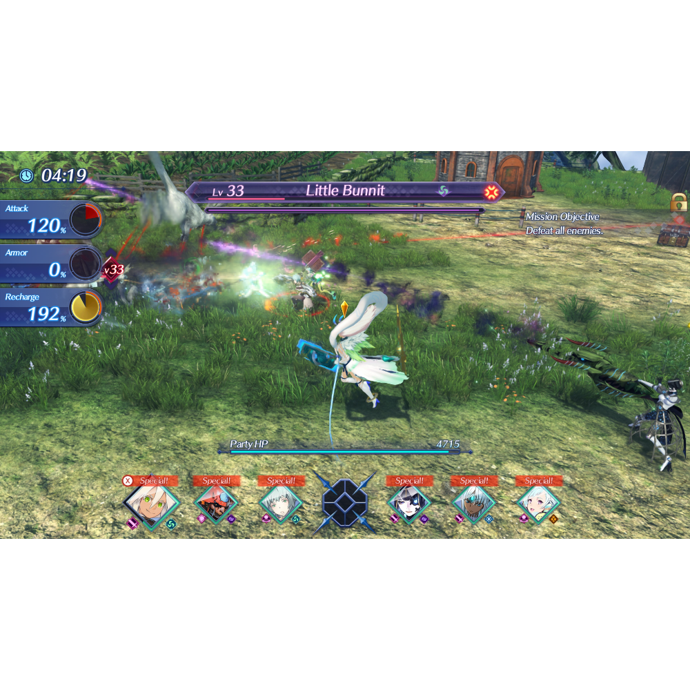 Battle scene: party of five fights a boss named Little Bunnit with HUD showing HP/Attack/Armor/Recharge meters and action icons.