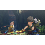 Two armored fighters clash in a lush village setting, one wielding a rainbow glow sword as a small white cat sits on his companion's shoulder.