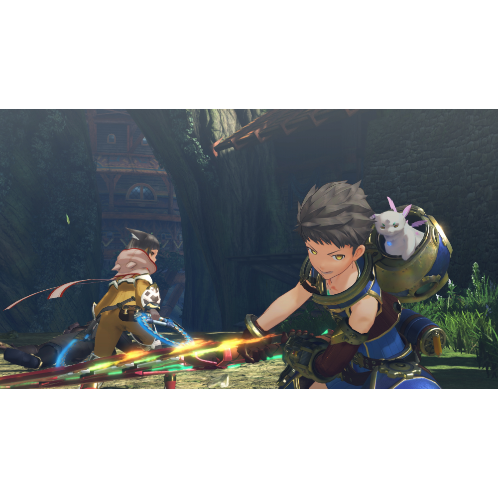 Two armored fighters clash in a lush village setting, one wielding a rainbow glow sword as a small white cat sits on his companion's shoulder.