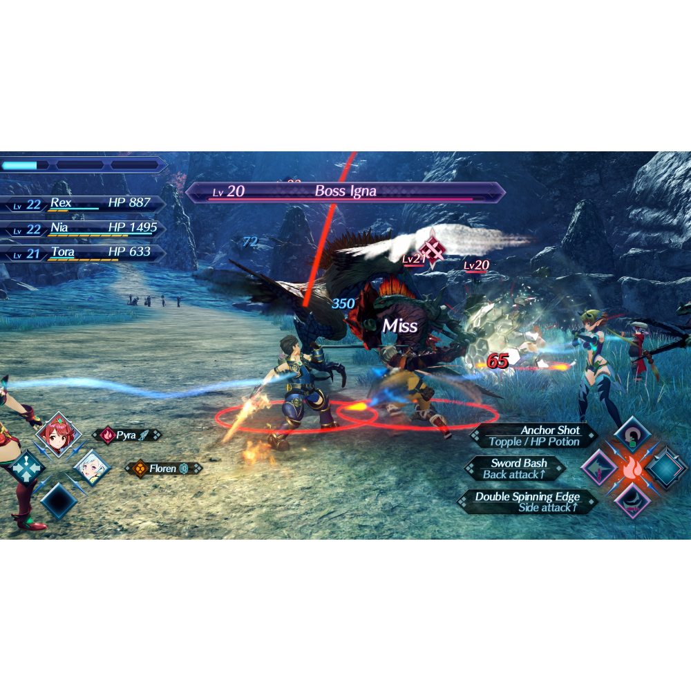 In-game battle scene with party fighting a large boss, UI shows party HP on the left and skill commands on the right.
