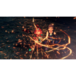 Two young fantasy characters, a red-haired girl and a dark-haired boy, stand together as bright orange magical sparks swirl around them on a rocky surface near water.