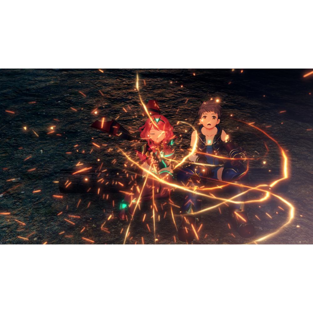 Two young fantasy characters, a red-haired girl and a dark-haired boy, stand together as bright orange magical sparks swirl around them on a rocky surface near water.