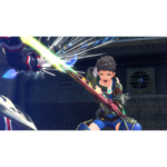 Young male warrior in blue shorts fights a glowing sword clash with an armored opponent in a metallic sci-fi corridor setting.