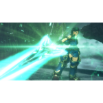 Young armored hero wields a glowing cyan energy sword in a lush forest setting?