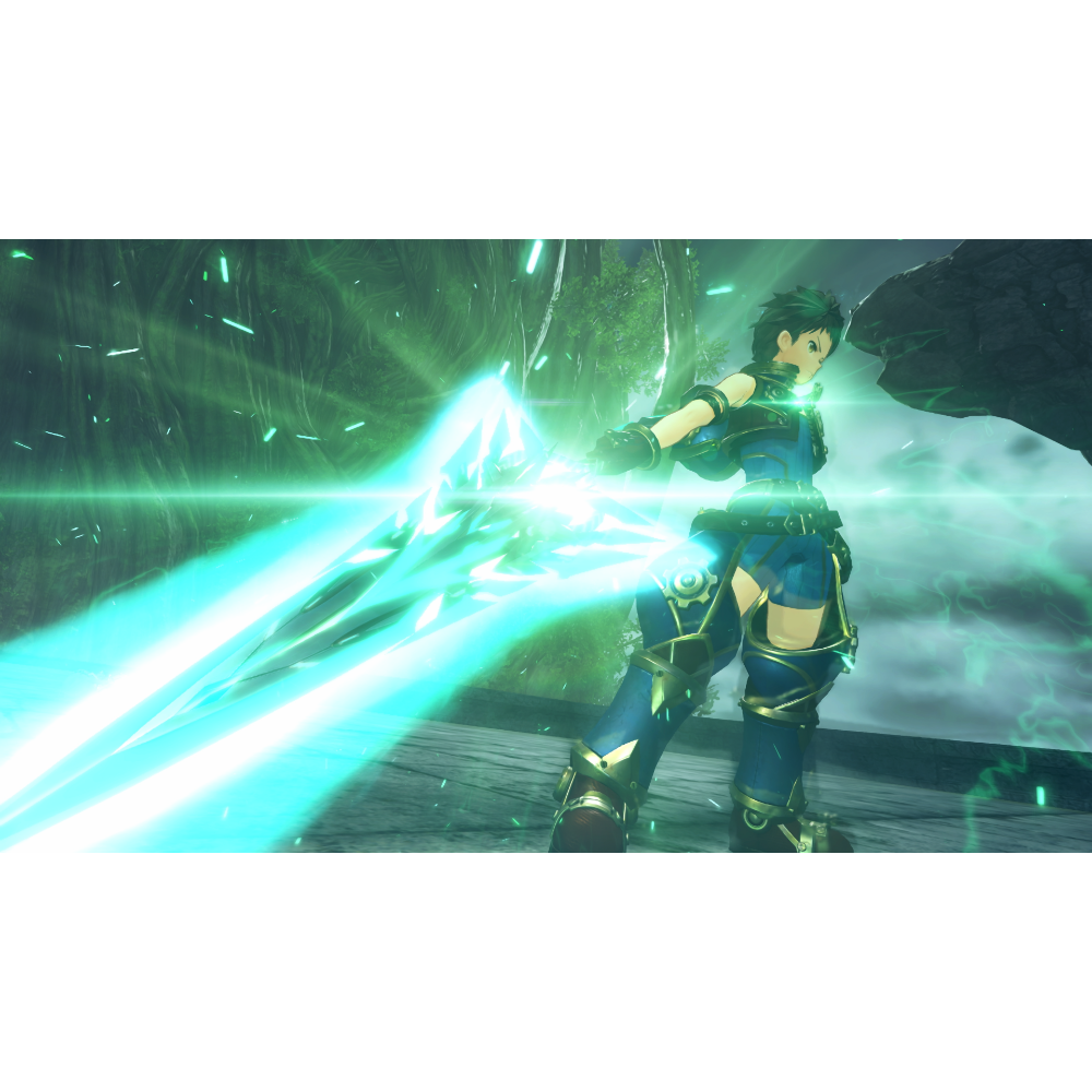 Young armored hero wields a glowing cyan energy sword in a lush forest setting?
