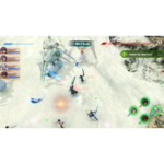 Top-down RPG battle on a snowy beach; Level Up text near center, party health bars on the left, boss fight in the center, timer at top, and final-boss objective on the right.