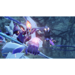 Armored fantasy warrior with a glowing orange eye, wielding a crystalline spear in a rocky battle scene.