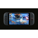 Handheld gaming console with a battle-heavy RPG on the screen, showcasing health bars and action UI.