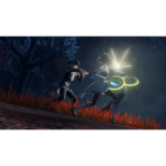 Two characters duel in a moonlit forest at night, one lunging with a blade as the other wields glowing circular energy weapons nearby.