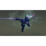 Futuristic warrior in a dark suit soars through the sky with a glowing sword, pink fragments trailing behind him.