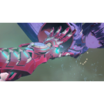 Anime-style character extends a glowing red cybernetic arm toward the viewer in a sci-fi game scene with a dark-haired companion nearby.