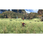 In-game scene: a hero in red runs through tall grass across a grassy plain toward distant cliffs, with a mini-map and HUD on the right side.