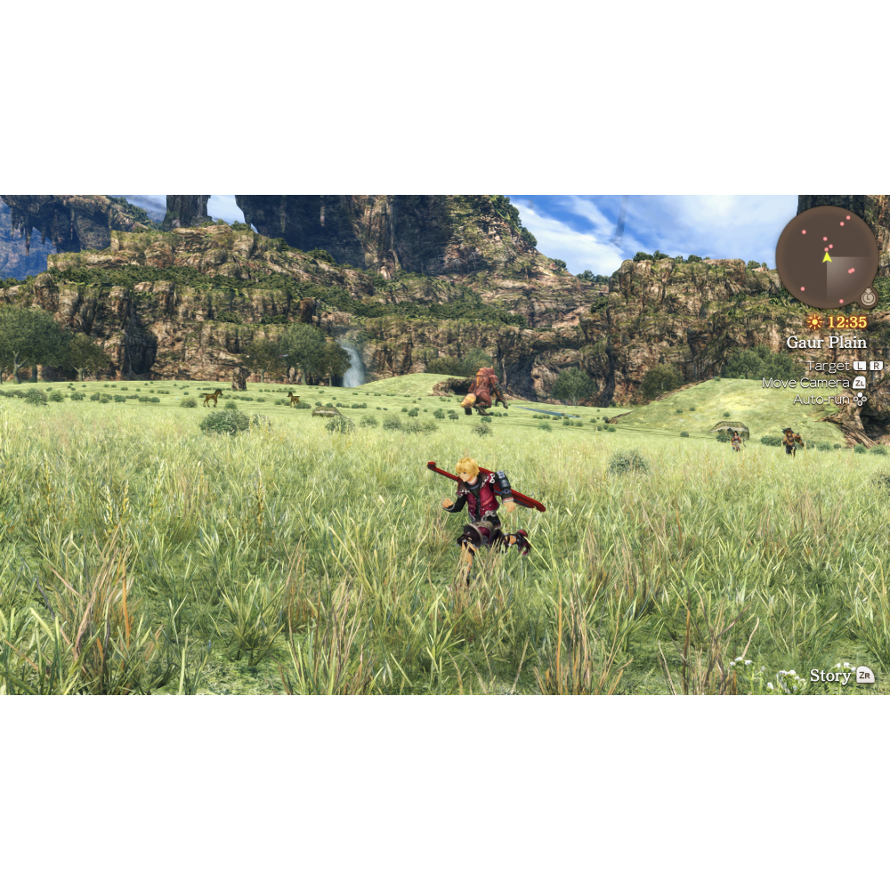In-game scene: a hero in red runs through tall grass across a grassy plain toward distant cliffs, with a mini-map and HUD on the right side.