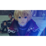 Close-up of a blond male protagonist with blue eyes in a purple jacket, flanked by two other fighters in a desolate game world.