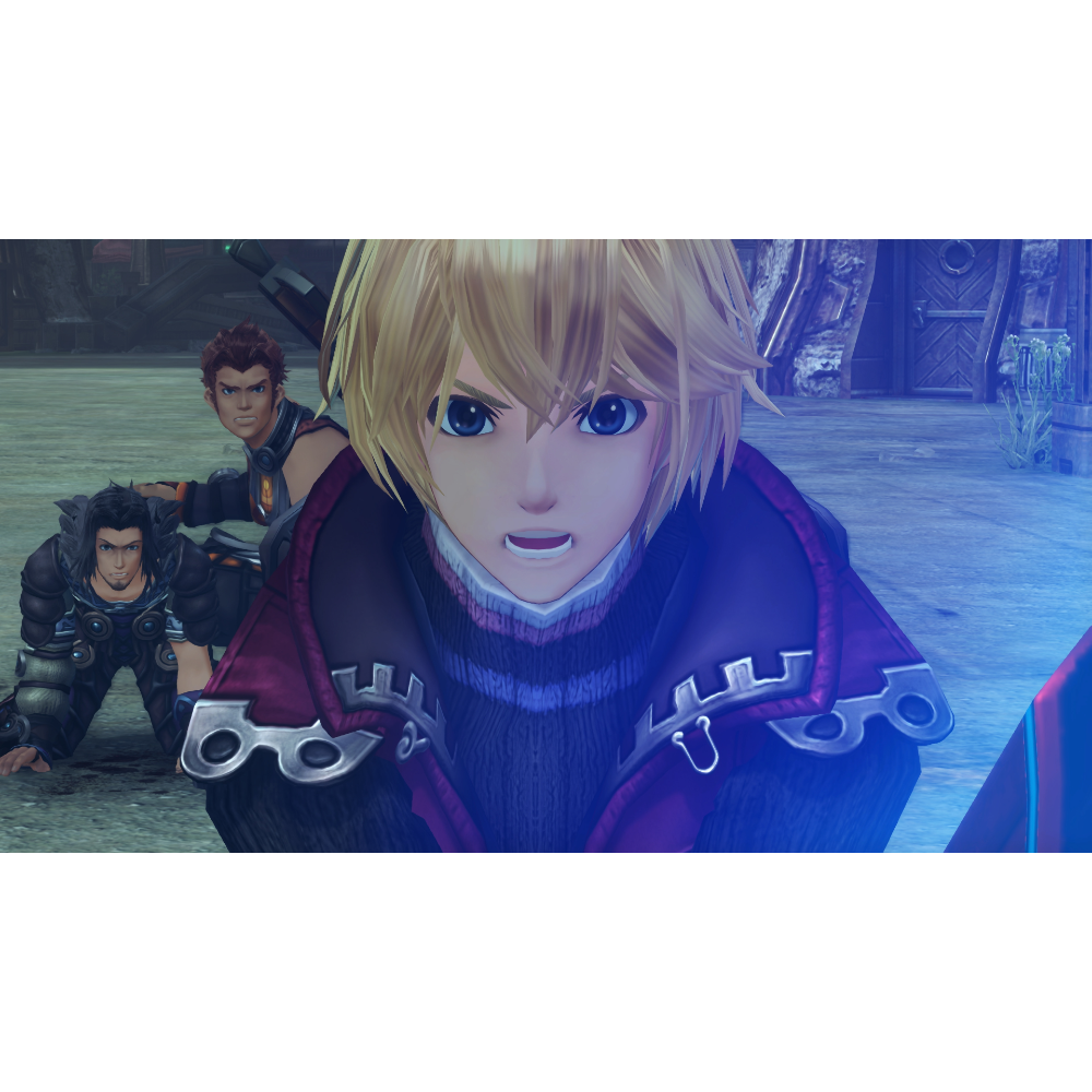 Close-up of a blond male protagonist with blue eyes in a purple jacket, flanked by two other fighters in a desolate game world.